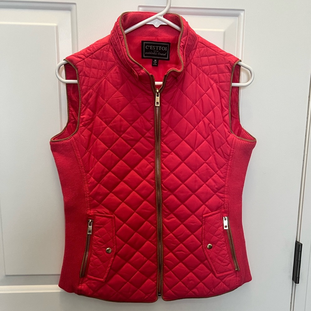 C’esttoi Women’s Pink Vest with Brown Leather Piping- Size Medium